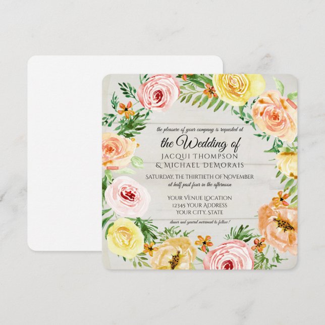 Invitation Aquarelle Rose  Wreath Rose Bois rustique (Devant / Derrière)