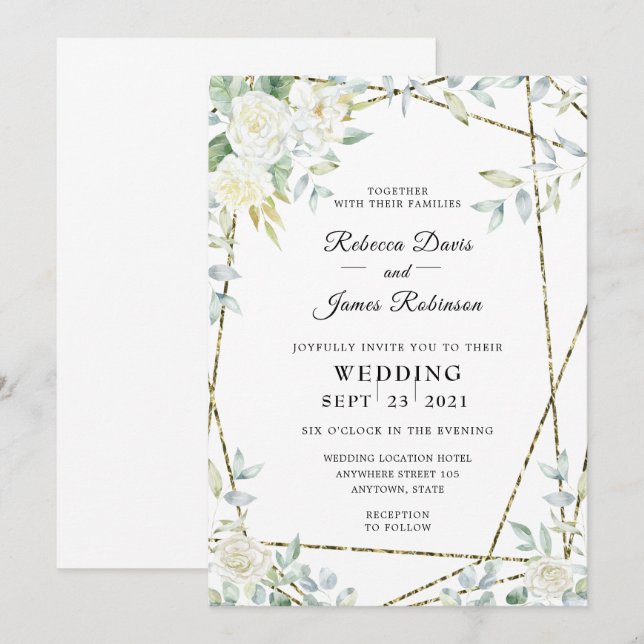 Invitation Aquarelle Roses blanches et Mariage de verdure (Devant / Derrière)