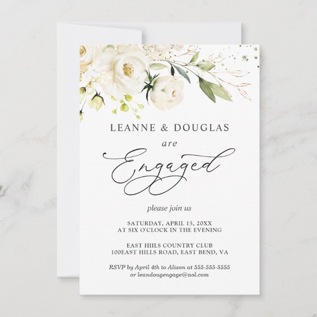 Invitation Aquarelle Roses blanches Foliing Engagement (Devant)