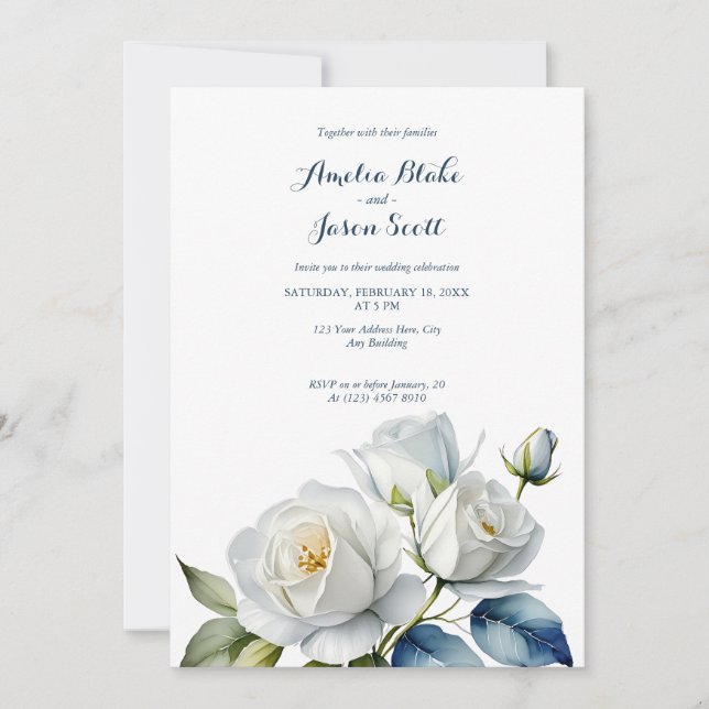 Invitation Aquarelle Roses blanches sur Mariage blanc propre (Devant)