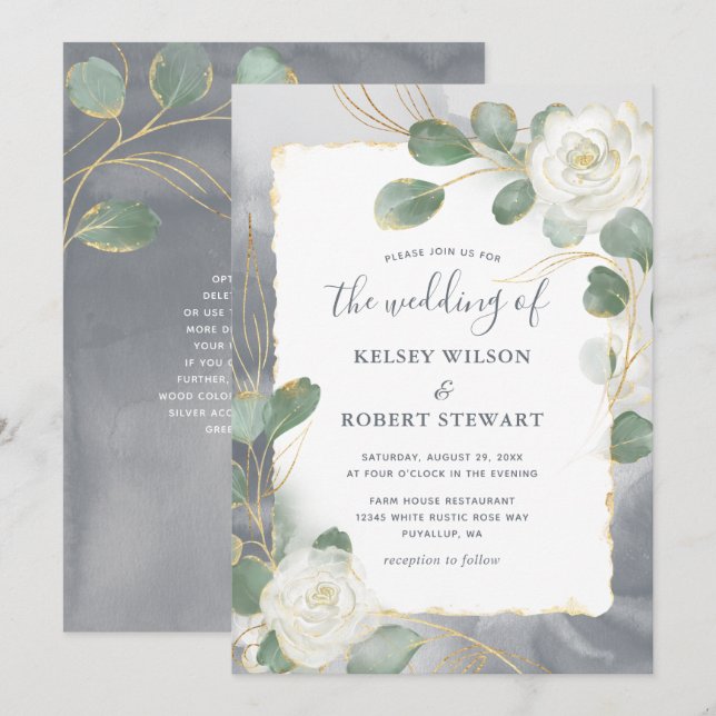 Invitation Aquarelle Roses Blanches Vert de gris Doré Mariage (Devant / Derrière)