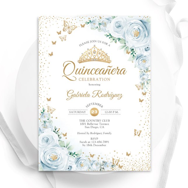Invitation Aquarelle Roses Bleu Bleu Floral Quinceanera (Créateur téléchargé)