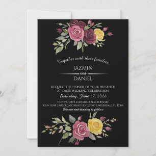 Invitation Aquarelle Roses de campagne de Bourgogne Rose Noir