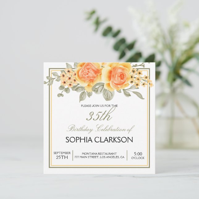 Invitation Aquarelle Roses Jaunes Anniversaire (Debout devant)