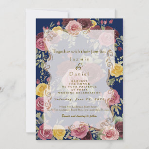 Invitation Aquarelle Roses Jaunes Bourgeois Poussiéreux Bleu 