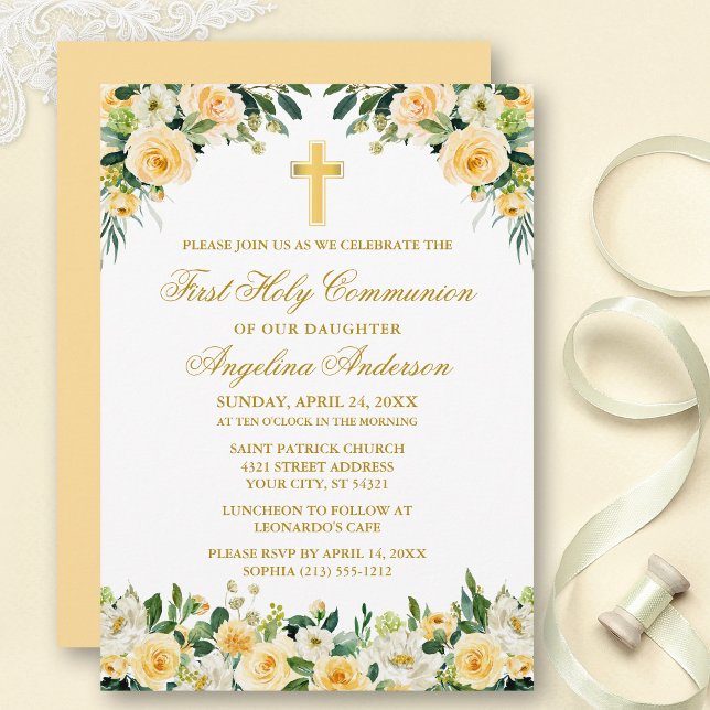 Invitation Aquarelle Roses jaunes Communion florale blanche (Customize to change text color, size, style or to change color of back of card.)