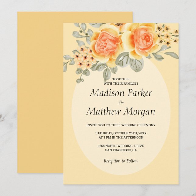 Invitation Aquarelle Roses Jaunes Mariage (Devant / Derrière)