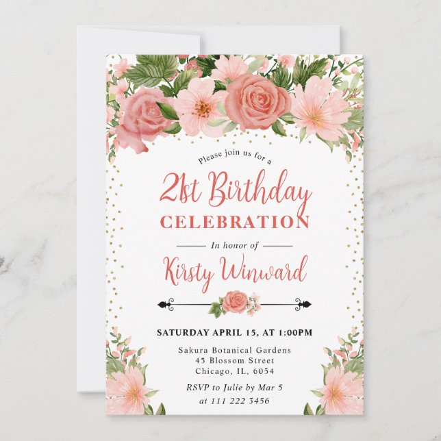 Invitation Aquarelle Roses roses Fleurs Photo 21e anniversair (Devant)