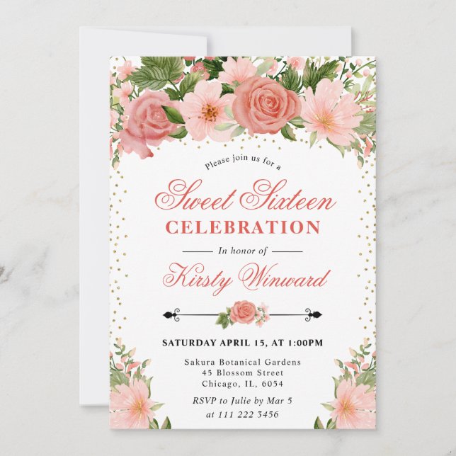 Invitation Aquarelle Roses roses Fleurs Photo Sweet 16 (Devant)