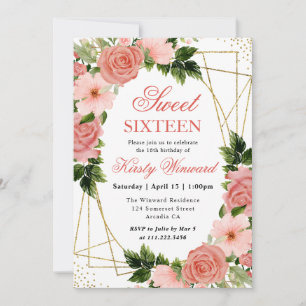 Invitation Aquarelle Roses Roses Foncé Cadre Doré Sweet 16