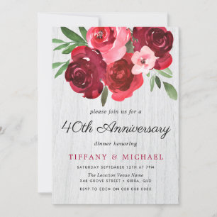 Invitation Aquarelle Roses Rouges Rustiques 40e Anniversaire