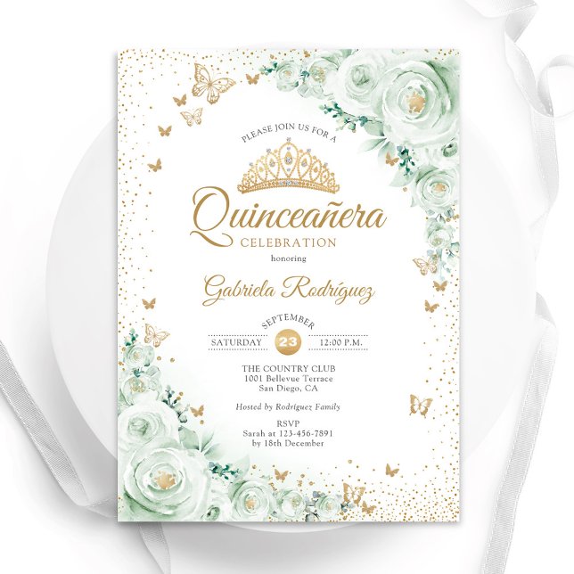 Invitation Aquarelle Roses Sage Vert Floral Quinceanera (Créateur téléchargé)
