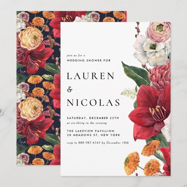 Invitation Aquarelle Rouge Amaryllis Wedding shower botanique (Devant / Derrière)