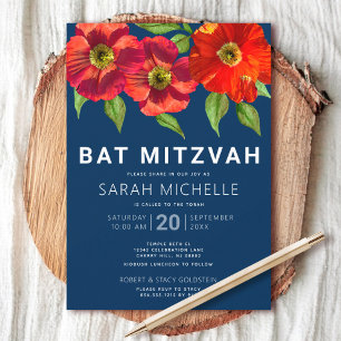Invitation Aquarelle rouge bat mitzvah Floral Marine bleu mod
