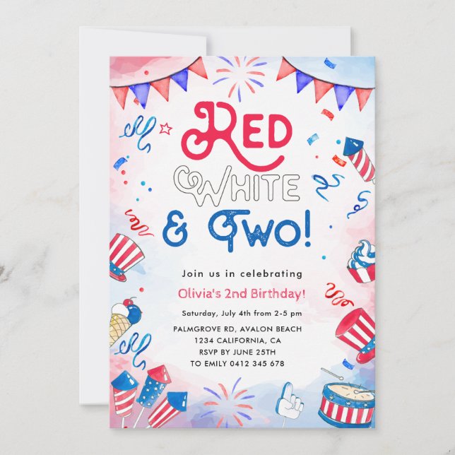 Invitation Aquarelle rouge blanc et deux, 4 juillet anniversa (Devant)