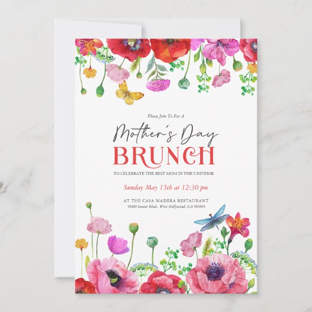 Invitation Aquarelle rouge blanc Fleur Fête des Mères Brunch (Devant)