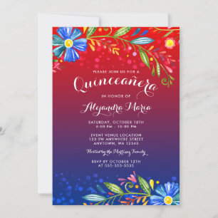 Invitation Aquarelle Rouge Bleu Floral Fiesta Quinceanera