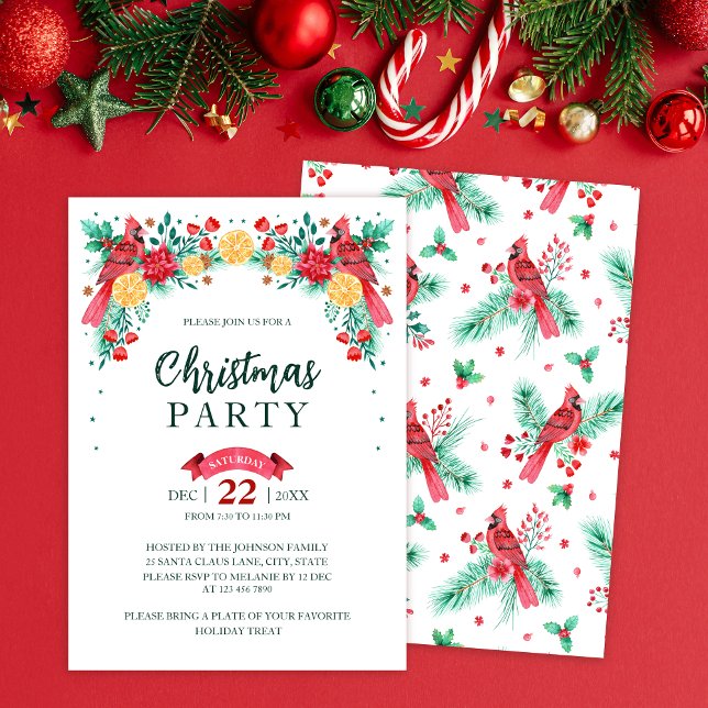 Invitation Aquarelle Rouge Cardinal Oiseaux Noël (Watercolor Red Cardinal Birds Christmas Party Invitation)