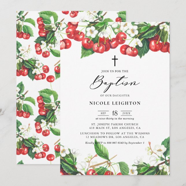 Invitation Aquarelle Rouge Cerises Garland Baptême (Devant / Derrière)