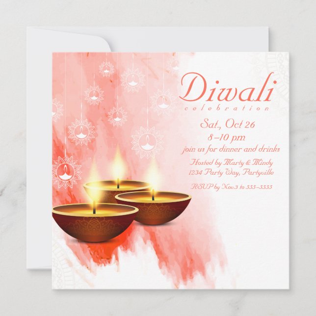 Invitation Aquarelle rouge Diwali avec Diyas (Devant)