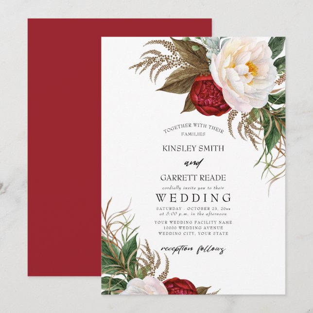 Invitation Aquarelle rouge et blanc luxuriante Mariage Floral (Devant / Derrière)