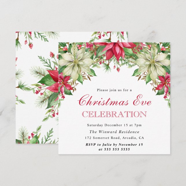Invitation Aquarelle Rouge et Blanc Poinsettia Noël Réveillon (Devant / Derrière)