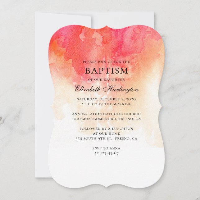 Invitation Aquarelle rouge et pêche moderne simple baptême (Devant)