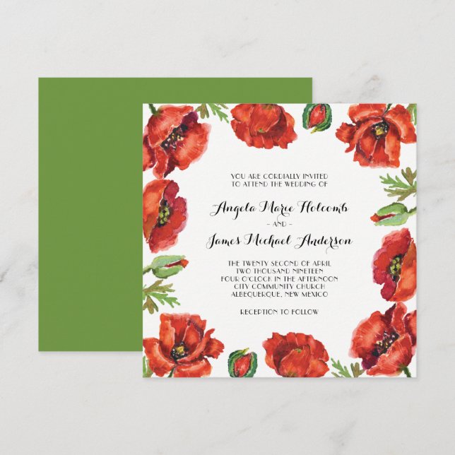 Invitation Aquarelle Rouge et vert Mariage de fleurs de crapa (Devant / Derrière)