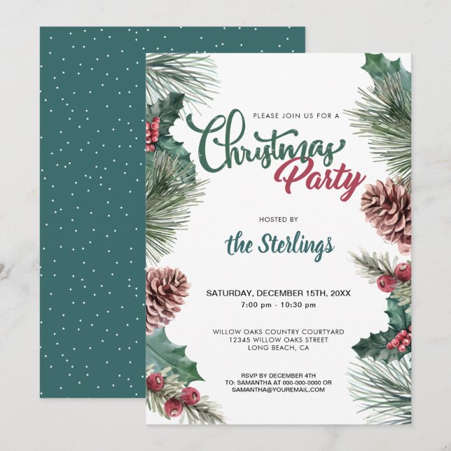 Invitation Aquarelle Rouge Holly Pine Bordure Noël (Devant / Derrière)