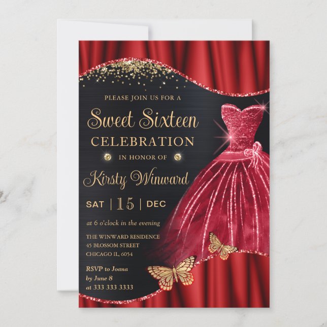 Invitation Aquarelle Rouge & Or Parties scintillant robe Swee (Devant)