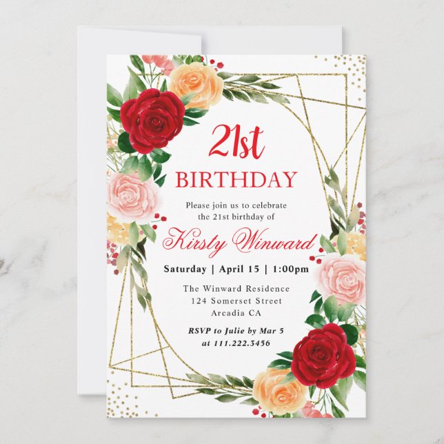 Invitation Aquarelle Rouge Orange Rose Frame 21e anniversaire (Devant)