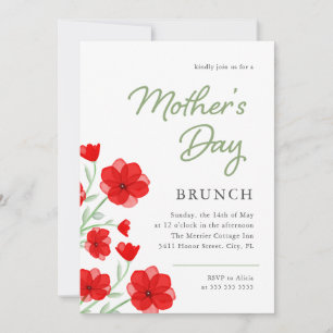 Invitation Aquarelle Rouge Pavot Floral Fête des Mères Brunch