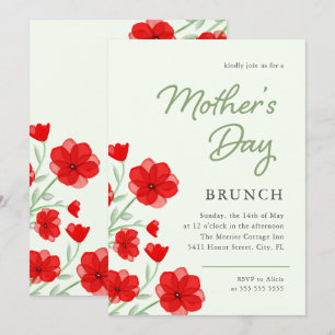 Invitation Aquarelle Rouge Pavot Floral Fête des Mères Brunch