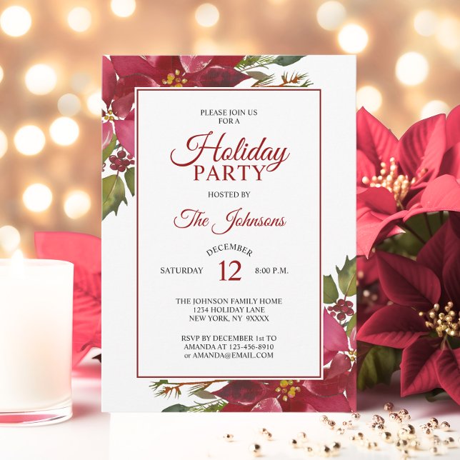 Invitation Aquarelle Rouge Poinsettia fête de Noël (Watercolor Red Poinsettia Holiday Christmas Party Invitation)