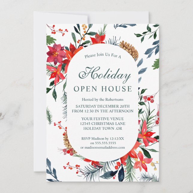 Invitation Aquarelle Rouge Poinsettia Holiday Open House (Devant)