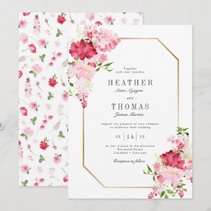 Invitation Aquarelle Rouge rose Roses Mariage cadre or