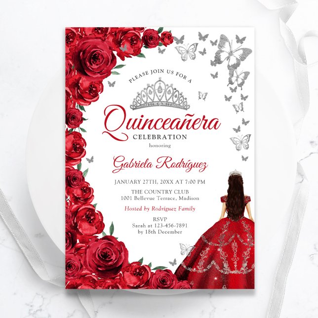 Invitation Aquarelle Rouge Roses Argent Quinceanera (Créateur téléchargé)
