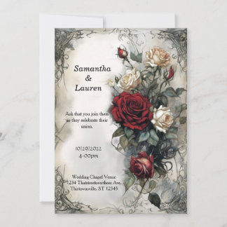 Invitation Aquarelle Rouge Roses Vintage Goth Mariage