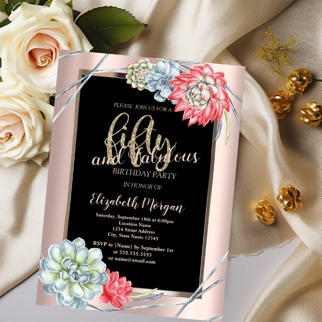 Invitation Aquarelle Rouge Succulents Rose Or 50e anniversair (Créateur téléchargé)