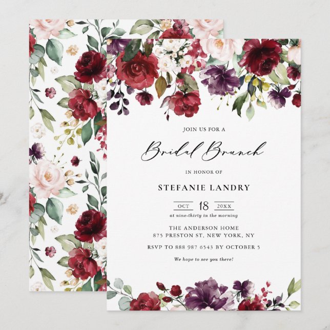 Invitation Aquarelle rouge violet Floral Garland Bridal Brunc (Devant / Derrière)