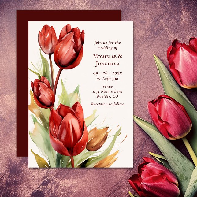 Invitation Aquarelle Rouges Tulipes Mariage Floral (Watercolor Red Tulips Spring Floral Wedding Invitation)