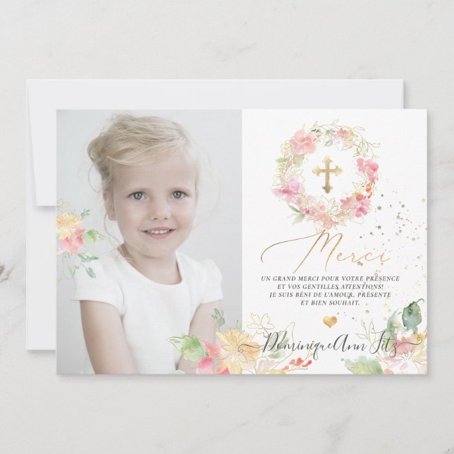 Invitation Aquarelle Rougissant Remerciements - Bapteme Fille (Devant)