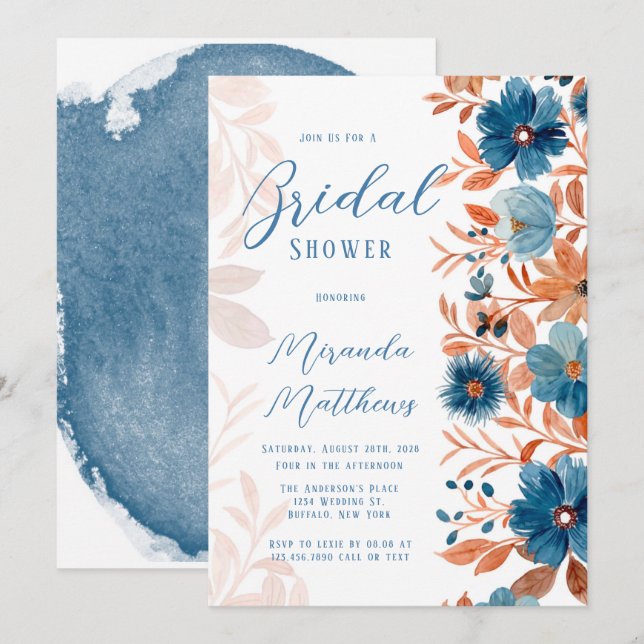 Invitation Aquarelle rouille et Fête des mariées de fleurs bl (Devant / Derrière)