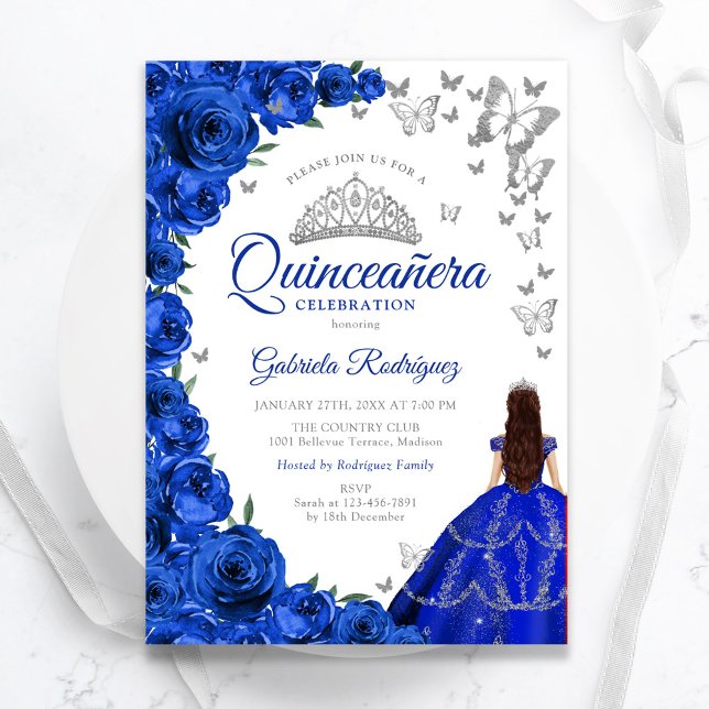 Invitation Aquarelle Royal Bleu Rose Floral Quinceanera (Créateur téléchargé)