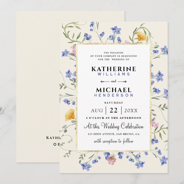 Invitation aquarelle Russe fleur sauvage prairie Mariage à hu (Devant / Derrière)