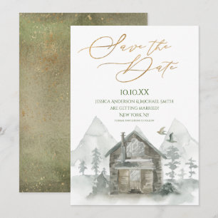 Invitation Aquarelle Rustic Forest Cabine Enregistrer la date