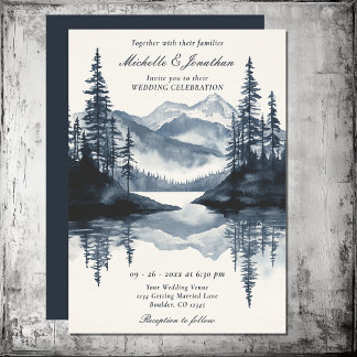 Invitation Aquarelle Rustic Mountain Lake Mariage forestier