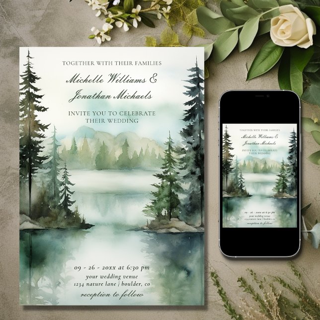 Invitation Aquarelle Rustic Mountain Lake Mariage forestier (Printed and Digital - Watercolor Rustic Mountain Lake Forest Wedding Invitation)