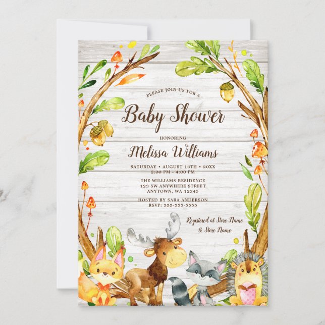 Invitation Aquarelle rustique Baby shower d'animaux de bois (Devant)
