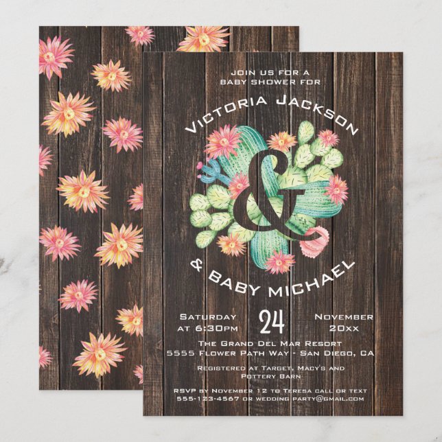 Invitation Aquarelle rustique Baby shower Succulent (Devant / Derrière)